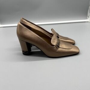 Stuart‎ Weitzman Womens 6M Bronze Metallic Leather Square Toe Block Heel Loafers